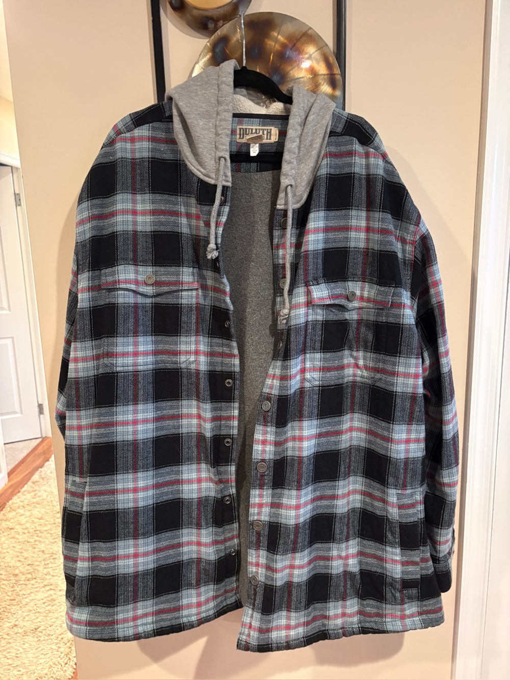 Duluth Trading Co Gray & Black Plaid Hooded Flannel Shirt Jacket